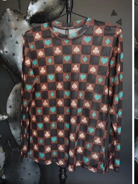Checkerboard Card-Suit Long Sleeve Top in Brown & Teal mesh